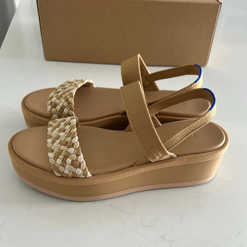 Rothy's Tan and Cream Braided Strap Platform Sandals